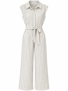 Striped Sleeveless Button-Front Jumpsuit in White with Black Pinstripes